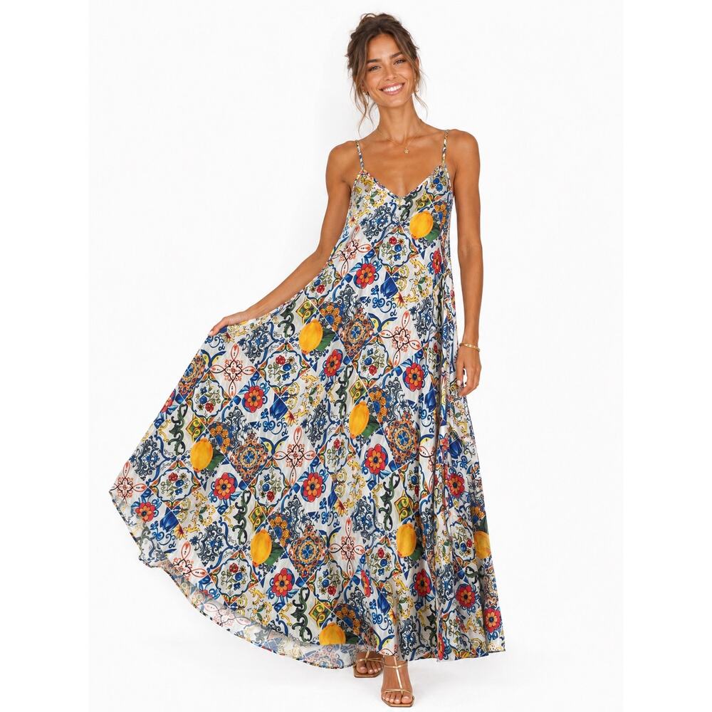 PO-EX Italian Majolica Tile Lemon Print Maxi Dress Spaghetti Strap S/M Italy